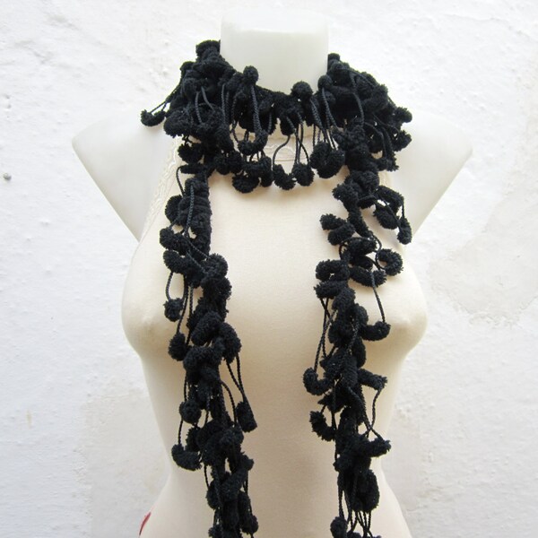 Crochet Mulberry Scarf, Mulberry Scarf, Pompom, Ponpon Scarf, Pom pom Scarves, Black, Neck Accessories, Soft Crocheted Neckwarmer