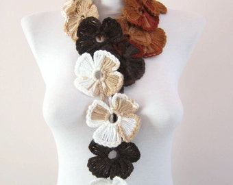 Flower Crochet Lariat Scarf, Autumn Scarves, Crochet Necklace, Crocheted Jewelry, Women  Scarf, Brown Cream Accessories