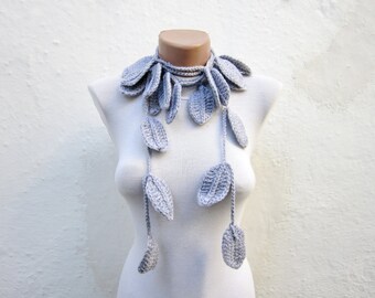 Grey Leaf Scarf, Crochet Lariat Scarves, Leaves Necklace, Women Scarf, Crocheted Long Jewelry, Autumn Accessories, mothers day gift