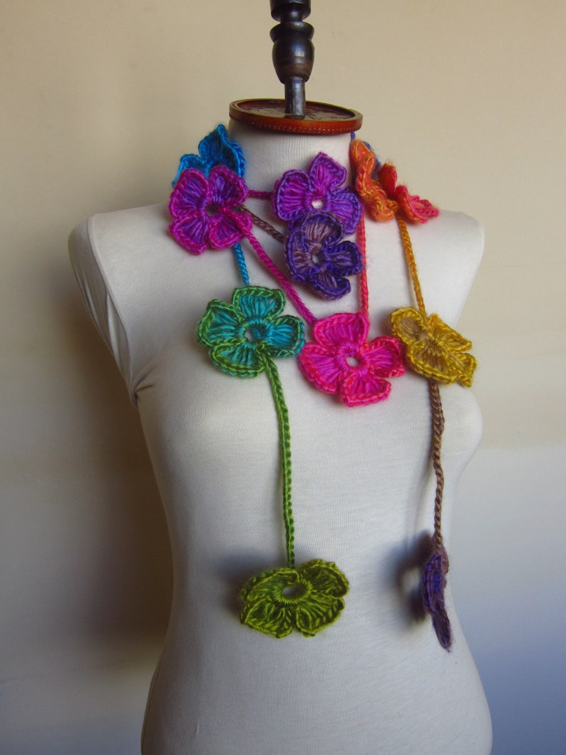 Crochet Scarf, Autumn Accessories, Lariat Scarf, Flower Scarf, Crochet Necklace, Christmas gift, Gift For Her, Women Fashion Accessory image 8