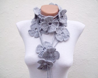 Lariat Crochet Scarf, Flower Lariat Scarves, Long Crochet Necklace, Floral Accessories, Women  Jewelry, Grey Headband Belt, mothers day gift