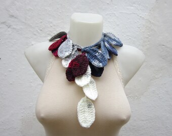 Lariat Scarf Crochet Scarf Grey Burgundy Crochet Necklace