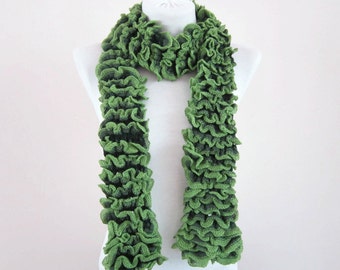Knitting Green Scarf, Frilly, Ruffle, Winter Neck Wrap, Women Accessories, Chunky Neckwarmer, Knitted fashion scarves, valentines day gift