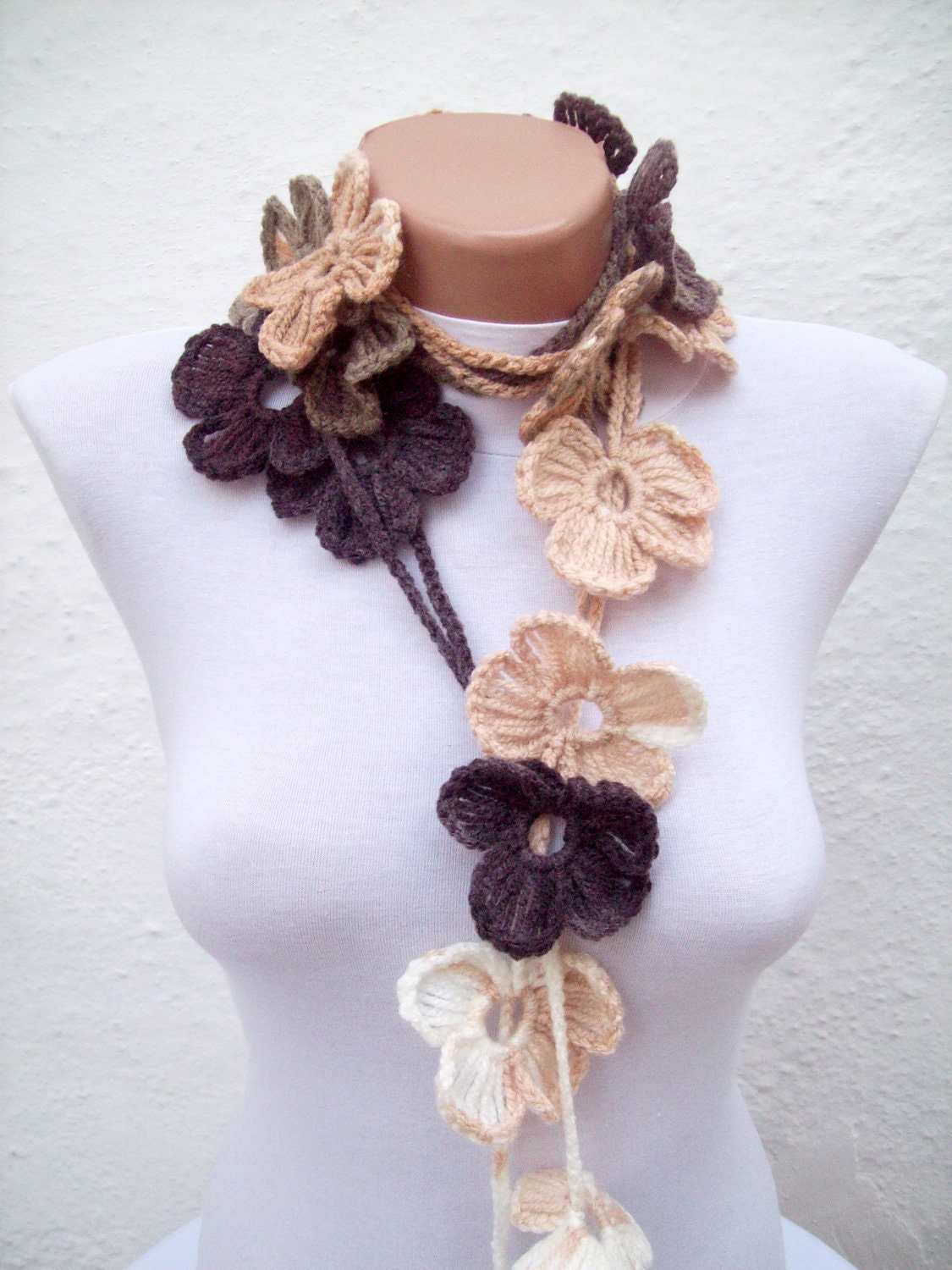 Crochet Scarf Accessories, Winter Flower Lariat, Necklace Jewellery ...