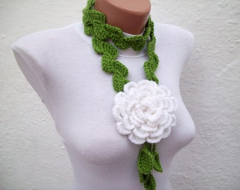 mother gift, Winter Accessories, Crochet Scarf, Lariat Flower Scarves, Women Floral Jewelry, Long Necklace, Green white