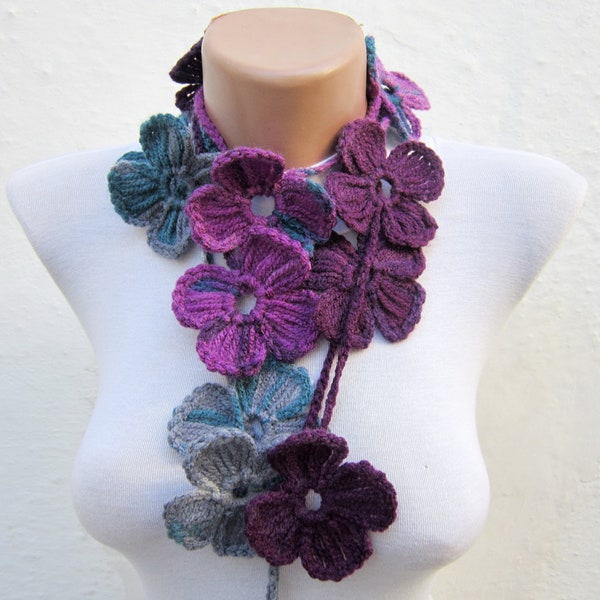 Scarf Crochet, Lariat Long Jewelry, Flower Crochet Necklace,, Women Crocheted Scarflette, Christmas Gift, gift for her,  Grey Purple Teal