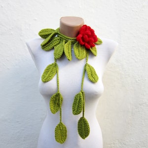 Removeable Brooch, Crochet Lariat Scarf, Leaf Scarf, Flower Necklace, Women Accessories, Green Red image 3