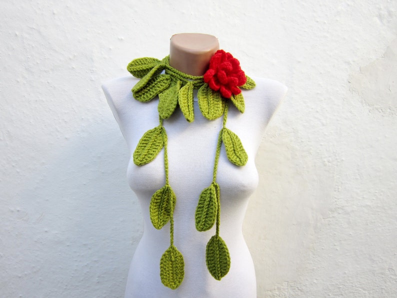 Removeable Brooch, Crochet Lariat Scarf, Leaf Scarf, Flower Necklace, Women Accessories, Green Red image 3