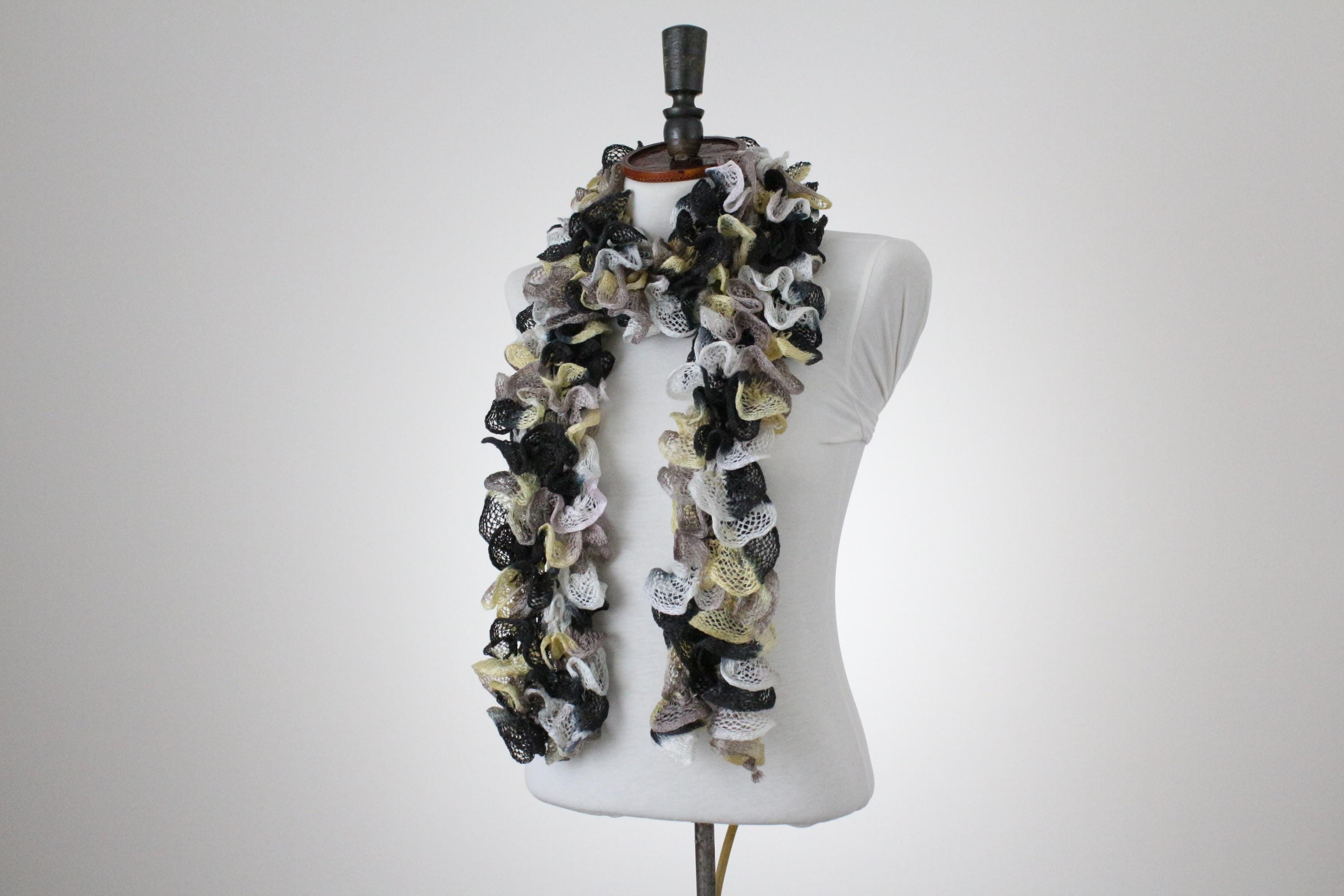 Ruffle Scarf, Knit Frilly Scarf, Yellow Brown Black, Winter