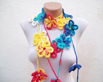 mothers day gift scarf, Colorful Long Flower Necklace, Crochet Lariat Scarf, Women Winter Autumn Jewelry, Gift For Her, Red Blue Yellow