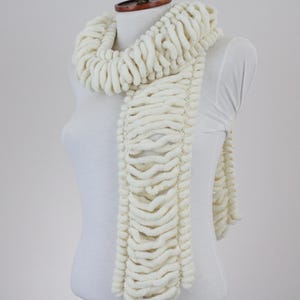Chunky Knit Pom Pom Scarf, Cream Bulky Winter Wrap, Handcrafted Soft Loop Yarn Neckwear, Cozy Warm Gift for Her, Knitted Accessory