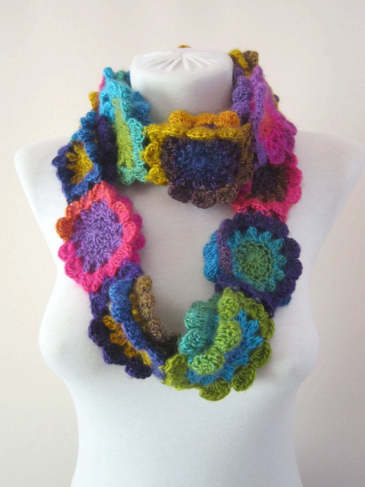 Crochet Scarf Flower Crochet Necklace Colorful Infinity - Etsy