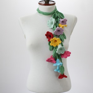 Crochet Flower Scarf with Leaves: Handmade Cotton Lariat Wrap