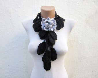 Crochet Necklace Scarf, Flower Lariat Accessories, Black, Grey, Brooch pin, Crocheted Scarves, Winter Women Floral Jewelry, mothers day gift