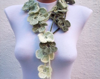 Oya Crochet Necklace, Bohemian Lariat Scarf, Handmade Flower Jewelry, Boho Women Accessories, Green White Scarf, mothers day gift