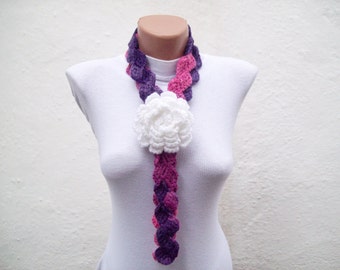 Crochet Lariat Scarf, Flower Brooch Pin, Crocheted Necklace, Belt, Women Winter Accessorie, Floral Jewelry, White, Pink, Purple, mother gift