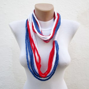 Red White Blue Crochet Necklace, 4th of July Yarn Chain Scarf, Patriotic Layered Lariat, Independence Day Accessory for Women