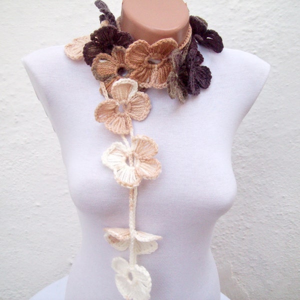 Crochet Scarf Accessories, Winter Flower Lariat, Necklace Jewellery, Crocheted Scarves, Floral Skinny Belt, Cream Brown, Christmas Gift