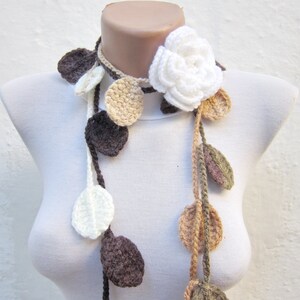 Autumn Fall Leaf Scarf, Floral White Brooch Pin, Crochet Scarves, Lariat Scarf, Leaves Necklace, Crocheted Woman Jewelry, Christmas Gift image 5