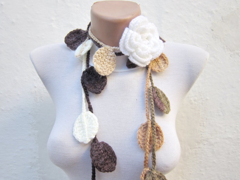 Autumn Fall Leaf Scarf, Floral White Brooch Pin, Crochet Scarves, Lariat Scarf, Leaves Necklace, Crocheted Woman Jewelry, Christmas Gift image 5