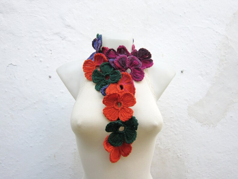 Scarf, Crochet Lariat Scarves, Flower Lariat Necklace, Colorful Crocheted Jewelery, Women Floral Accessories, Pink, Green, Orange image 3