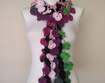 Crochet Flower Scarf, Women Long Scarves, floral necklace scarf, Fashion Accessory, Colorful Neckwarmer, gift For Her, valentines day gift