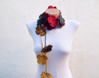 Multicolor Crochet Scarf, Lariat Flower Scarf, Autumn Fall Color Crocheted Accessories, Women Jewelry, Floral Necklace, Mothers day gift
