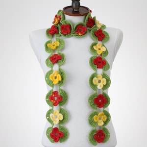 Crochet Flower Scarf Necklace: Handmade Floral Lariat Wrap, Boho Winter Neck Warmer