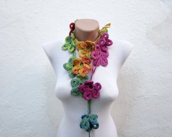 Crochet Lariat Scarf, Flower Long Necklace, Rainbow Floral Jewellery, Crocheted Skinny Accessories, Christmas Gift, Green Pink Blue Yellow