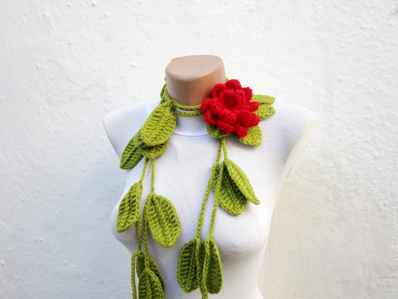 Removeable Brooch, Crochet Lariat Scarf, Leaf Scarf, Flower Necklace, Women Accessories, Green Red image 4