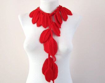 valentine day gift, Red Crochet Leaf Necklace, Lariat Scarves, Crochet Jewelry,Leaf Long Necklace Scarf, Headband, Belt, mothers day gift