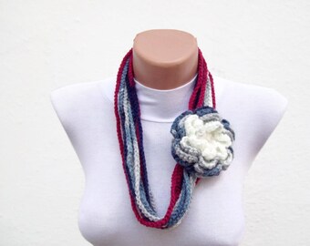 Crochet Chain Loop Scarf, Flower Brooch Pin, Crocheted infinity Scarves, Fiber Accessories, Circle Necklace, Neckwarmer, Grey Blue Burgundy