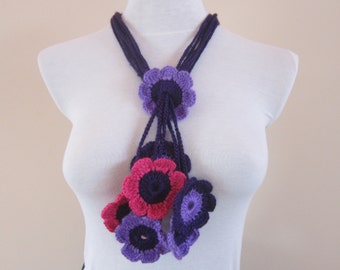 Crochet Flower Necklace, Daisy Statement Jewelry, Daisies Accessories, Crocheted Wildflowers, Turkish Oya, Purple, Pink, Lilac, Winter