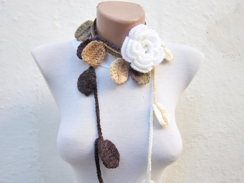 Autumn Fall Leaf Scarf, Floral White Brooch Pin, Crochet Scarves, Lariat Scarf, Leaves Necklace, Crocheted Woman Jewelry, Christmas Gift image 2