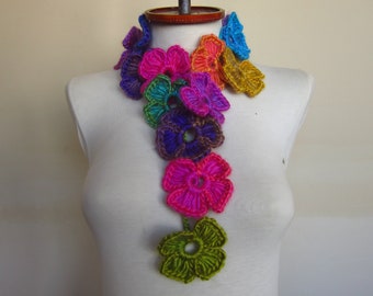 Crochet Scarf, Autumn Accessories, Lariat Scarf, Flower Scarf, Crochet Necklace, Christmas gift, Gift For Her, Women Fashion Accessory