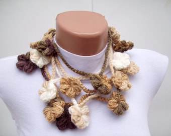 Crochet floral scarf, Lariat Scarves, Flower Long Necklace, Women Crocheted Jewelery, Winter Accessories, Cream Brown scarf, Gifts For Mom