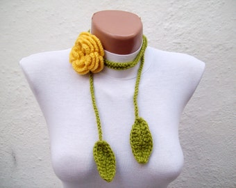 Skinny Leaf Scarf, Crochet Lariat Scarf, Rose Flower Brooch, Floral Long Necklace, Crocheted Jewelery, Women Neck Accessories, Green, Yellow