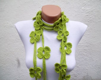 Flower Daisy Green Necklace, Crochet Lariat Scarf, Crochet Long skinny Jewellery, Floral Neck Accessories, Christmas, Women mom gift for