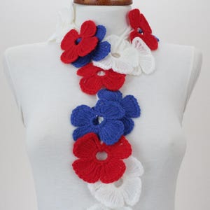 Crochet Patriotic Flower Scarf, Red White Blue 4th of July Necklace, Handmade USA Flag Accessory, Independence Day Gift for Her