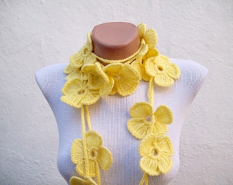 Autumn Accessories, Women Scarf, Flower Jewelry, Crochet Lariat Scarf, Fall gift, Yellow Long Necklace