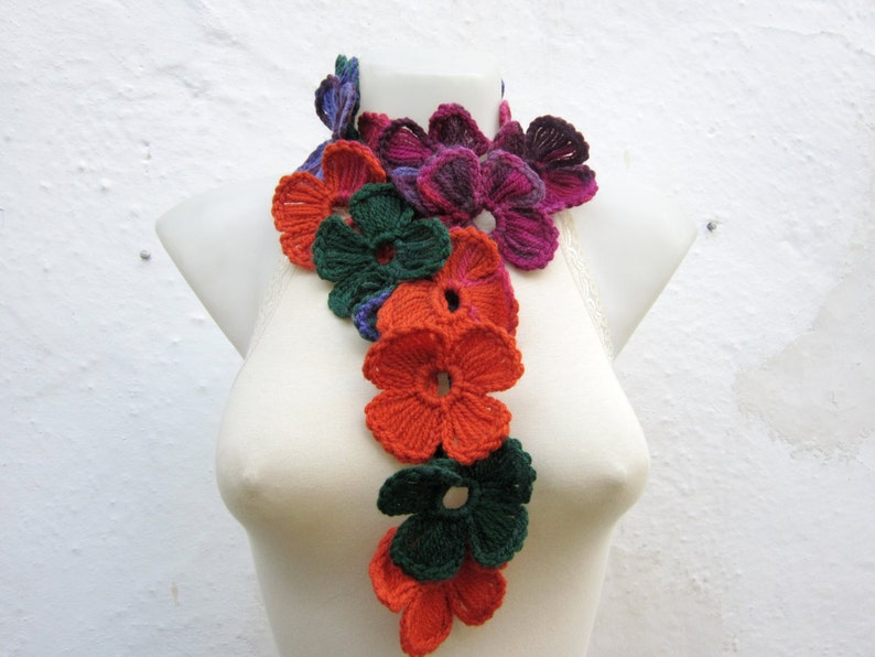 Scarf, Crochet Lariat Scarves, Flower Lariat Necklace, Colorful Crocheted Jewelery, Women Floral Accessories, Pink, Green, Orange image 1