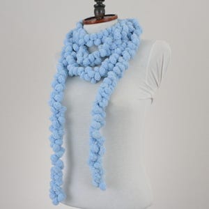 Crochet Pom Pom Scarf, Soft Chunky Neckwarmer, Cozy Handmade Winter Accessory, Long Textured Wrap, Light Blue Scarf, Gift For Woman