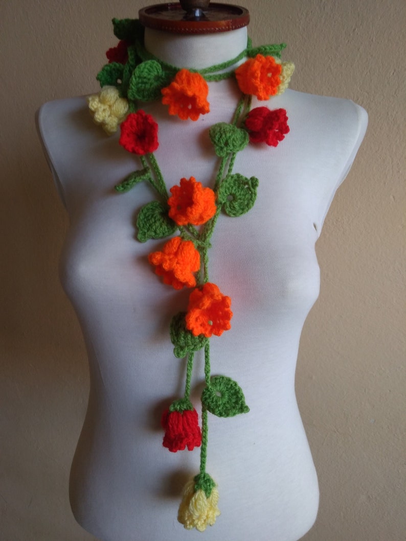 crochet Scarf, Valentine's day gift for girlfriend, Flower lariat Scarves, Women Winter Accessories, Skinny Scarves, Crocheted Jewelry image 5