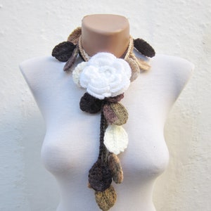 Autumn Fall Leaf Scarf, Floral White Brooch Pin, Crochet Scarves, Lariat Scarf, Leaves Necklace, Crocheted Woman Jewelry, Christmas Gift image 1