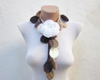 Autumn Fall Leaf Scarf, Floral White Brooch Pin, Crochet Scarves, Lariat Scarf, Leaves Necklace, Crocheted Woman Jewelry, Christmas Gift