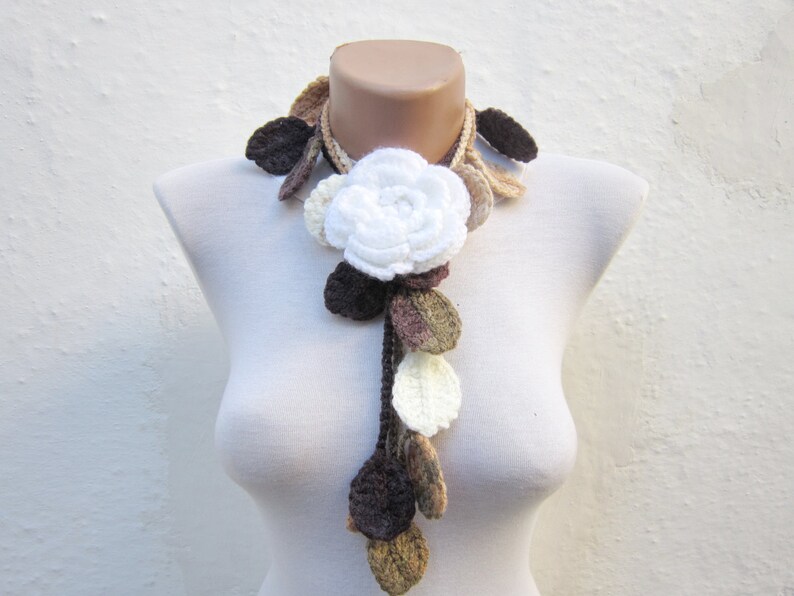 Autumn Fall Leaf Scarf, Floral White Brooch Pin, Crochet Scarves, Lariat Scarf, Leaves Necklace, Crocheted Woman Jewelry, Christmas Gift image 1