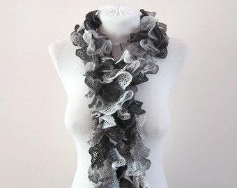 Knit Scarf, Frilly scarf, Ruffle Scarf, Grey Black, Women Scarf