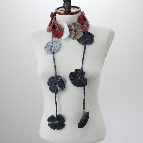 Crochet Floral Lariat Scarf, Handmade Boho Wrap Necklace