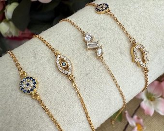 Dainty Evil Eye Bracelet: 14k Gold Sterling Silver Protection Jewelry