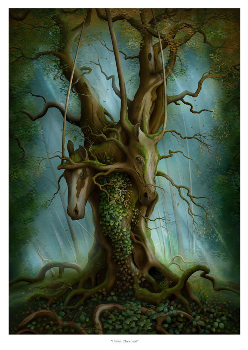 Art Print Horse Chestnut Magical Tree 11.7x16.5 print by John Emanuel Shannon image 1